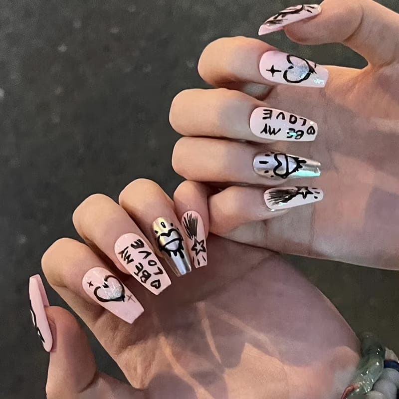 Silver Black Pink Heart Graffiti Cartoon Press On Nails