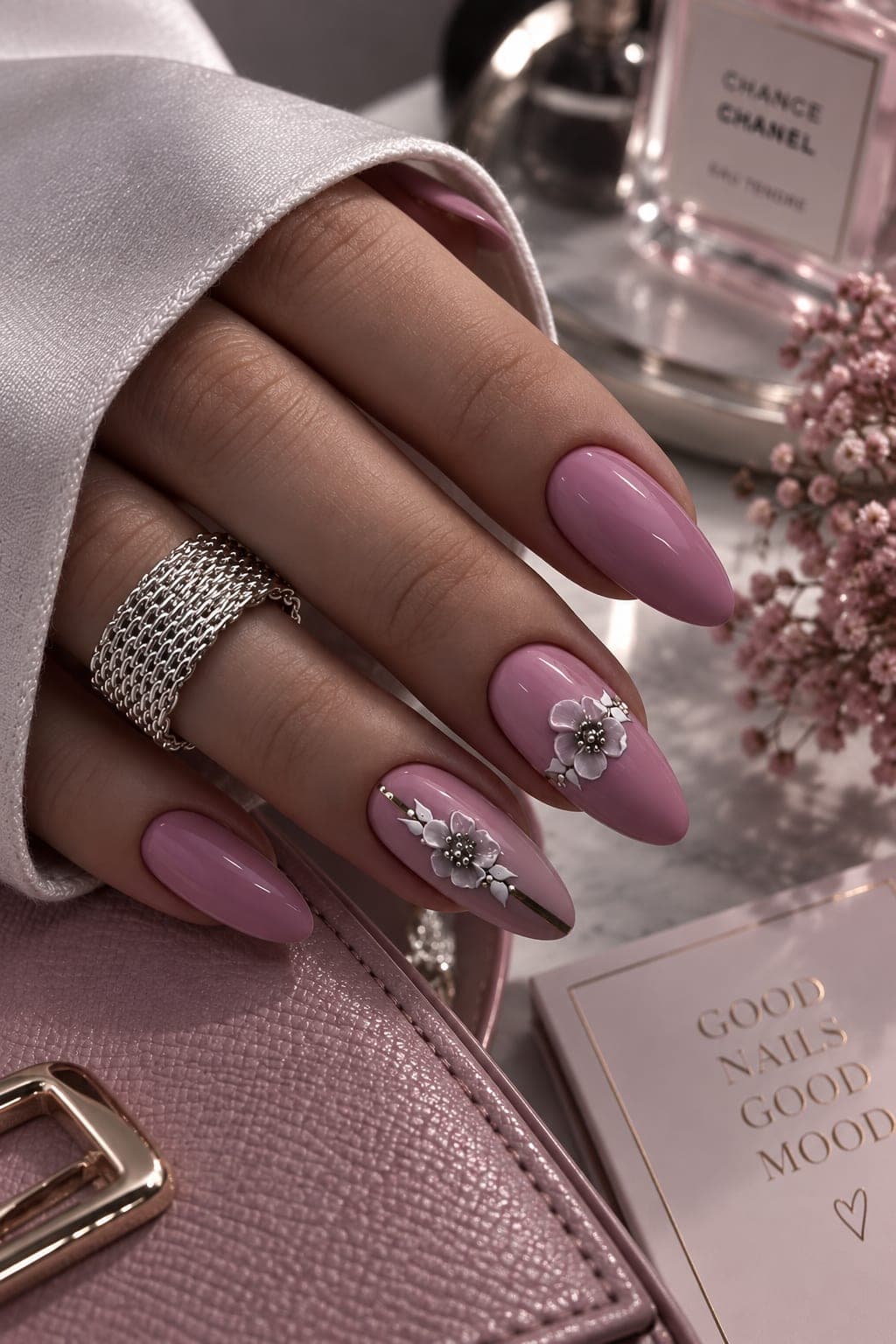 Pink Floral Press On Nails