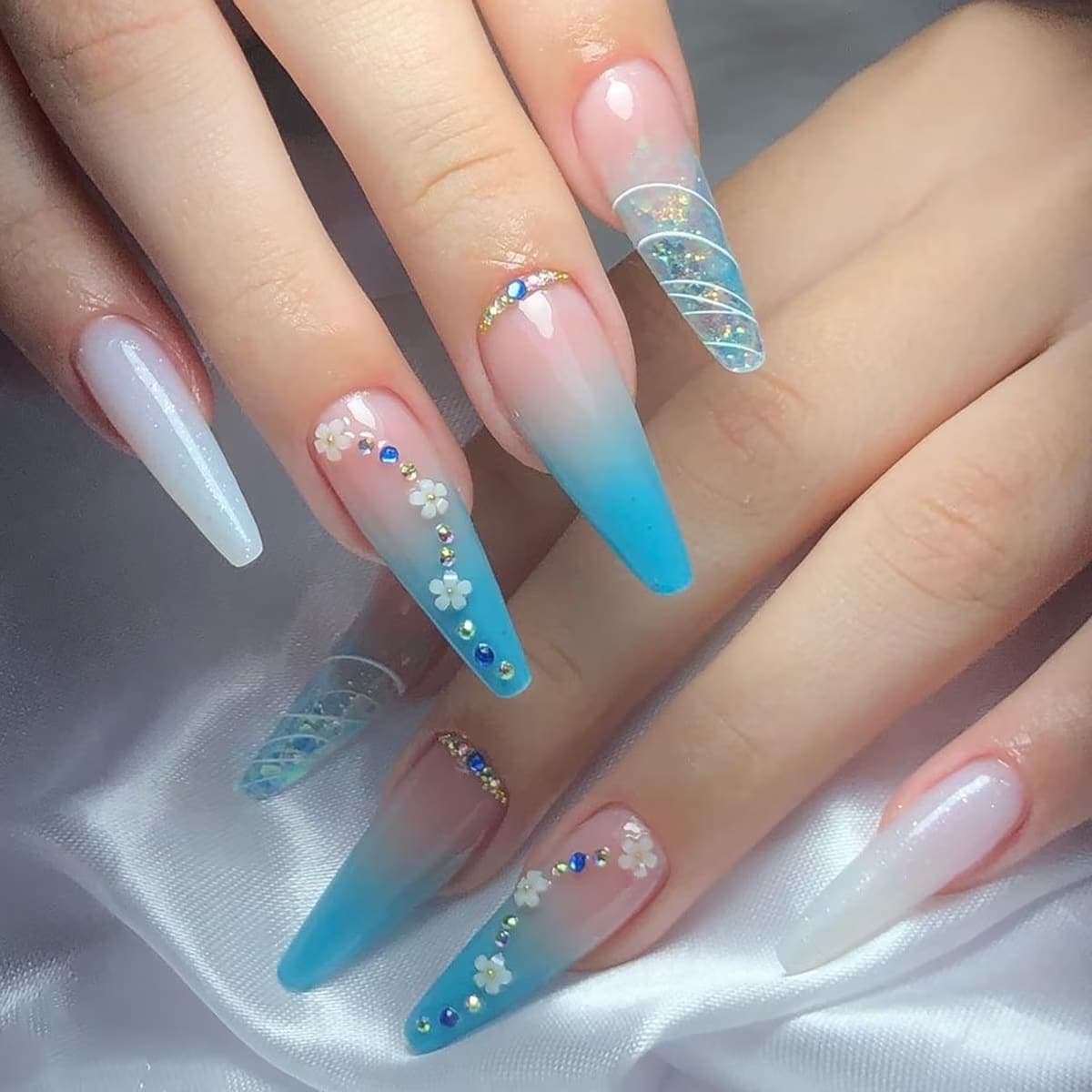 Ballet Long Blue Ombre Diamond Press On Nails