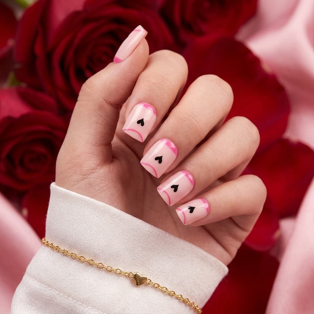 Short Black Red French Heart Minimalist Press On Nails