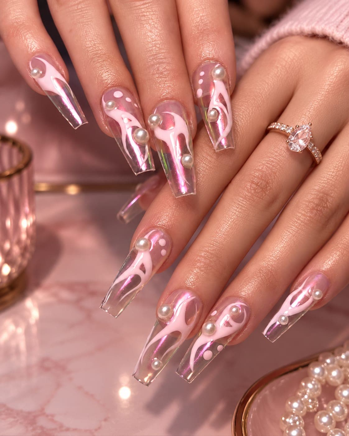 Long White Aurora Flame Press On Nails